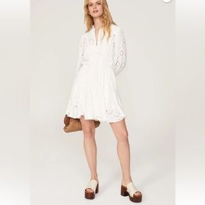 MAJE Floral Eyelet Embroidered Western Yoke Puff Long Sleeve Button Up Dress